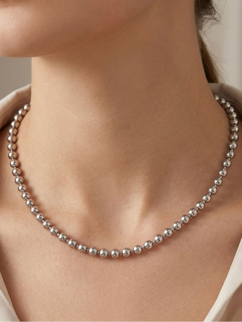 5mm Ball Bead Chain Necklace | Silver Tone Platinum Plated Water Resistant